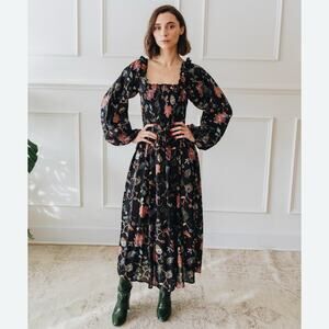 Mille Catherine Black Floral Smocked Bodice Square Neck Midi Dress M